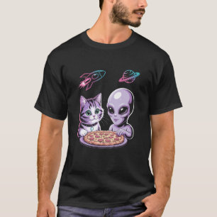Grappige Kat en Alien Delen Pizza Ruimte UFO voor T-shirt