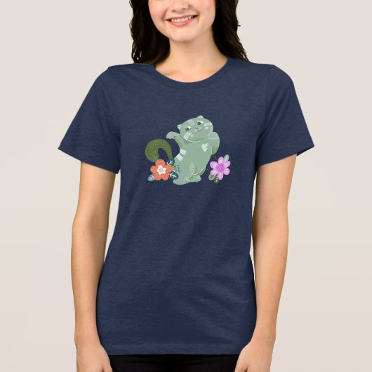 Grappige kat en bloemen Tri-Blend shirt (Voorkant)
