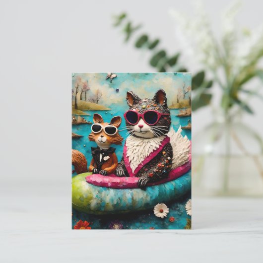 Grappige Kat en Eekhoorn Float Trip Briefkaart (Staand voorkant)