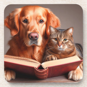 Grappige kat en hond lezen van een boek bier onderzetter