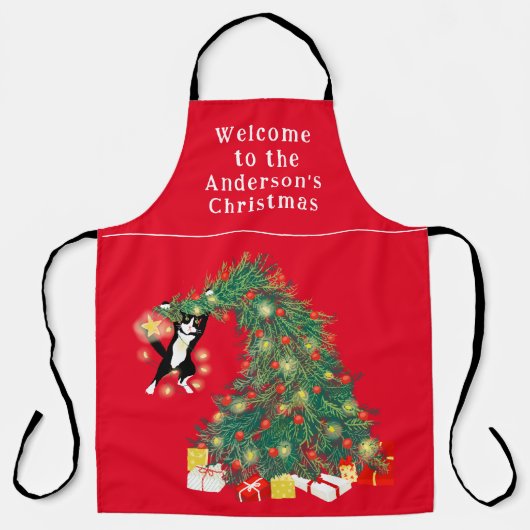 Grappige kat en kerstboom gepersonaliseerd rood schort (Voorkant)