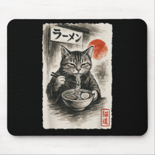 Grappige Kat Eten Ramen Noodles Sumi-e Japanse wet Muismat