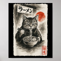 Grappige Kat Eten Ramen Noodles Sumi-e Japanse wet