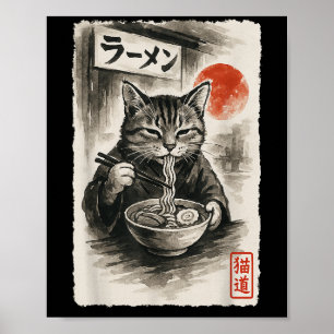 Grappige Kat Eten Ramen Noodles Sumi-e Japanse wet Poster