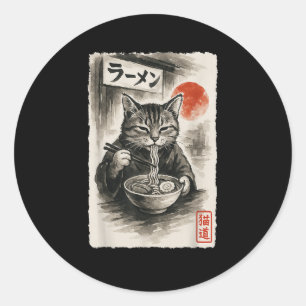 Grappige Kat Eten Ramen Noodles Sumi-e Japanse wet Ronde Sticker