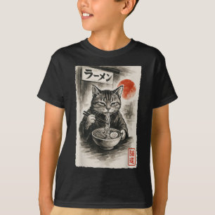 Grappige Kat Eten Ramen Noodles Sumi-e Japanse wet T-shirt