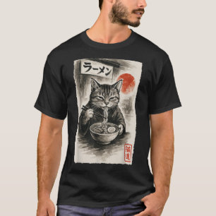 Grappige Kat Eten Ramen Noodles Sumi-e Japanse wet T-shirt
