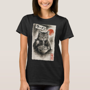 Grappige Kat Eten Ramen Noodles Sumi-e Japanse wet T-shirt