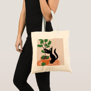 Grappige kat figurenboom in pot handgetekend tote bag