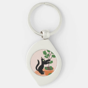 Grappige kat figurenboom in pot handgetekende sleutelhanger