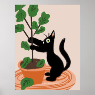 Grappige kat figuur boom in pot handgetekende plan poster