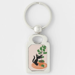 Grappige kat figuur boom potplanten handgetekend sleutelhanger