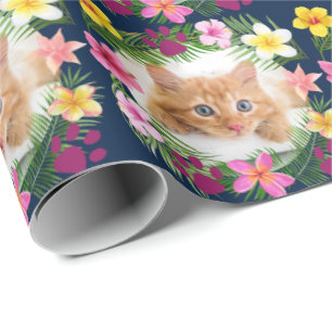 Grappige kat foto Navy Blue Tropical Hawaiian Cadeaupapier