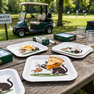 Grappige kat golfer vissen water hindernis papieren bordje