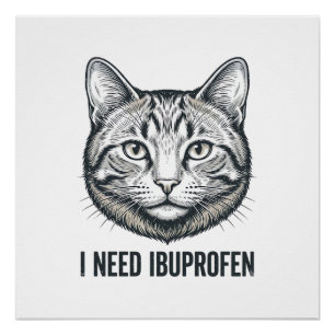 Grappige Kat Ibuprofen Vintage Gravure Ontwerp_1 Perfect Poster