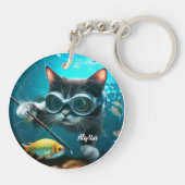 Grappige Kat in het Aquarium Sleutelhanger (Achterkant)
