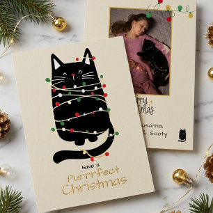 Grappige kat in lichtjes Purr-fecte foto Kerst gou Folie Feestdagenkaart