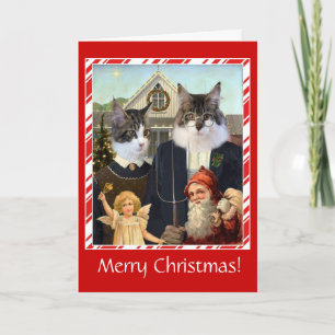 Grappige kat Kerstkaart Amerikaanse Gotische parod Feestdagen Kaart