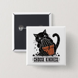 Grappige kat kies vriendelijkheid Linocut Meme Vierkante Button 5,1 Cm