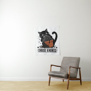 Grappige Kat Kies Vriendelijkheid Linocut Meme Wandkleed