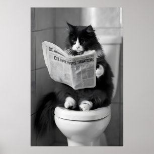 Grappige kat krant afdruk, Whimsical badkamer muur Poster
