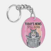 Grappige kat lezen krant sleutelhanger (Voorkant Links)