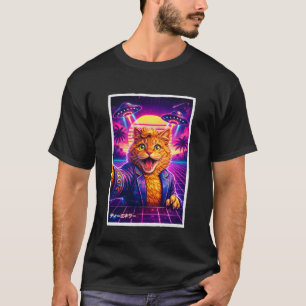 Grappige Kat Meme Retro Synthwave 80s Grafisch UFO T-shirt