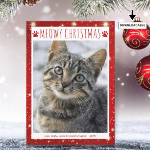 Grappige kat MEOWY KERSTMIS Foto Rode Pawprints Feestdagenkaart