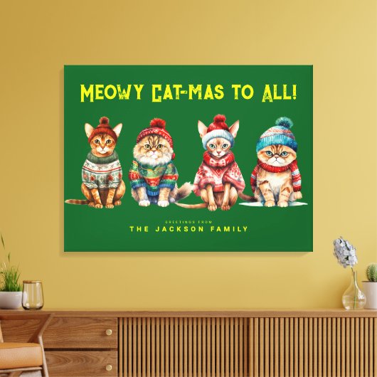 Grappige kat Merry Green Christmas Decor Groeten Canvas Afdruk (Insitu (Woonkamer))