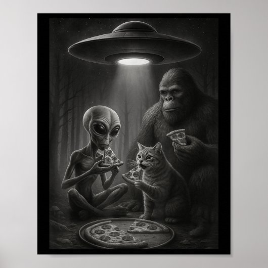Grappige kat met alien en bigfoot die pizza-ufo ee poster (Voorkant)