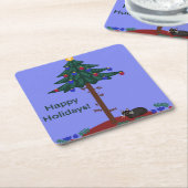 Grappige kat met kerstboom vierkante kartonnen onderzetter (Schuin)