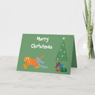 Grappige kat met klatergoud op staart groene kerst feestdagen kaart