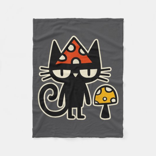 Grappige kat met paddenstoelenhoed Zwarte kat met Fleece Deken (Voorkant)