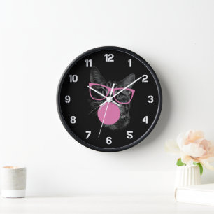 Grappige kat met roze bril Bubble Gum wandklok