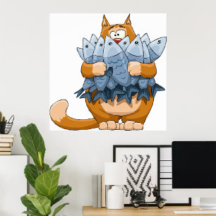 Grappige Kat met Vis Cartooneske Hongerige Kitty Poster