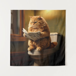 Grappige kat op het toilet Eigenzinnige badkamer Wandkleed