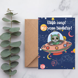 Grappige Kat Piloot UFO Buitenruimte Verjaardag Sc Kaart
