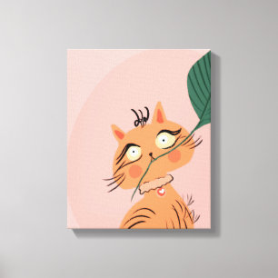 Grappige Kat Plant Blad Cartoon Canvas Afdruk