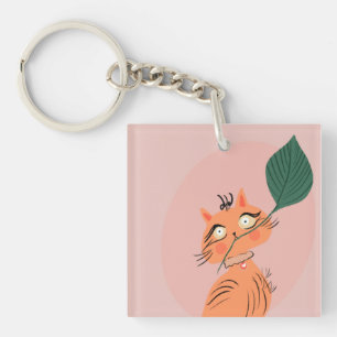 Grappige Kat Plant Blad Cartoon Sleutelhanger
