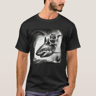 Grappige kat rijdt op een haai in tornado meme t-shirt