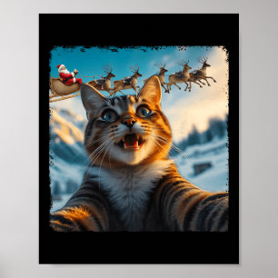 Grappige kat selfie met Santa Sleigh Kerstmis Poster