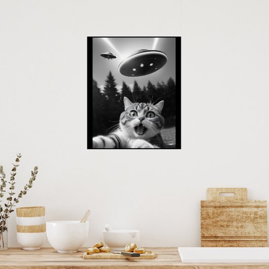 Grappige Kat Selfie met UFO Alien Poster (Keuken)