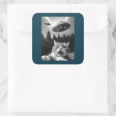 Grappige Kat Selfie met UFO Alien Vierkante Sticker (Tas)