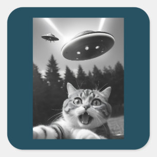 Grappige Kat Selfie met UFO Alien Vierkante Sticker