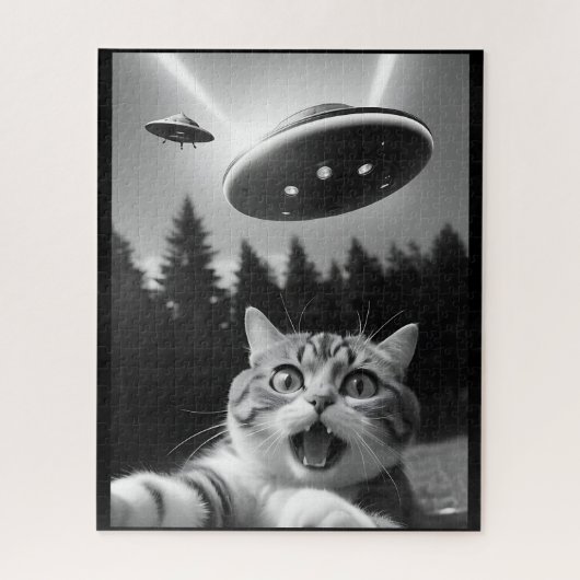 Grappige kat selfie met UFO buitenaardse drones Legpuzzel (Verticaal)
