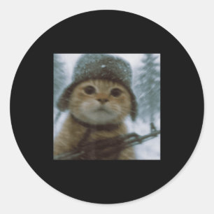 Grappige Kat Sneeuw Kitten Soldaat Selfie Met Gewe Ronde Sticker