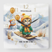 Grappige Kat Snowboarden Winter Kinder Vierkante Klok (Voorkant)