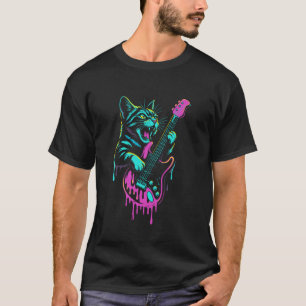 Grappige kat speelt gitaar Rock and Roll Drip Retr T-shirt