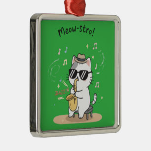 Grappige kat speelt saxofoon jazz metalen ornament