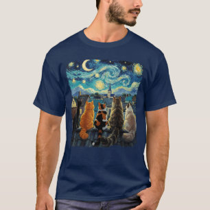 Grappige Kat Sterrennacht Van Gogh Katten Dak Scen T-shirt